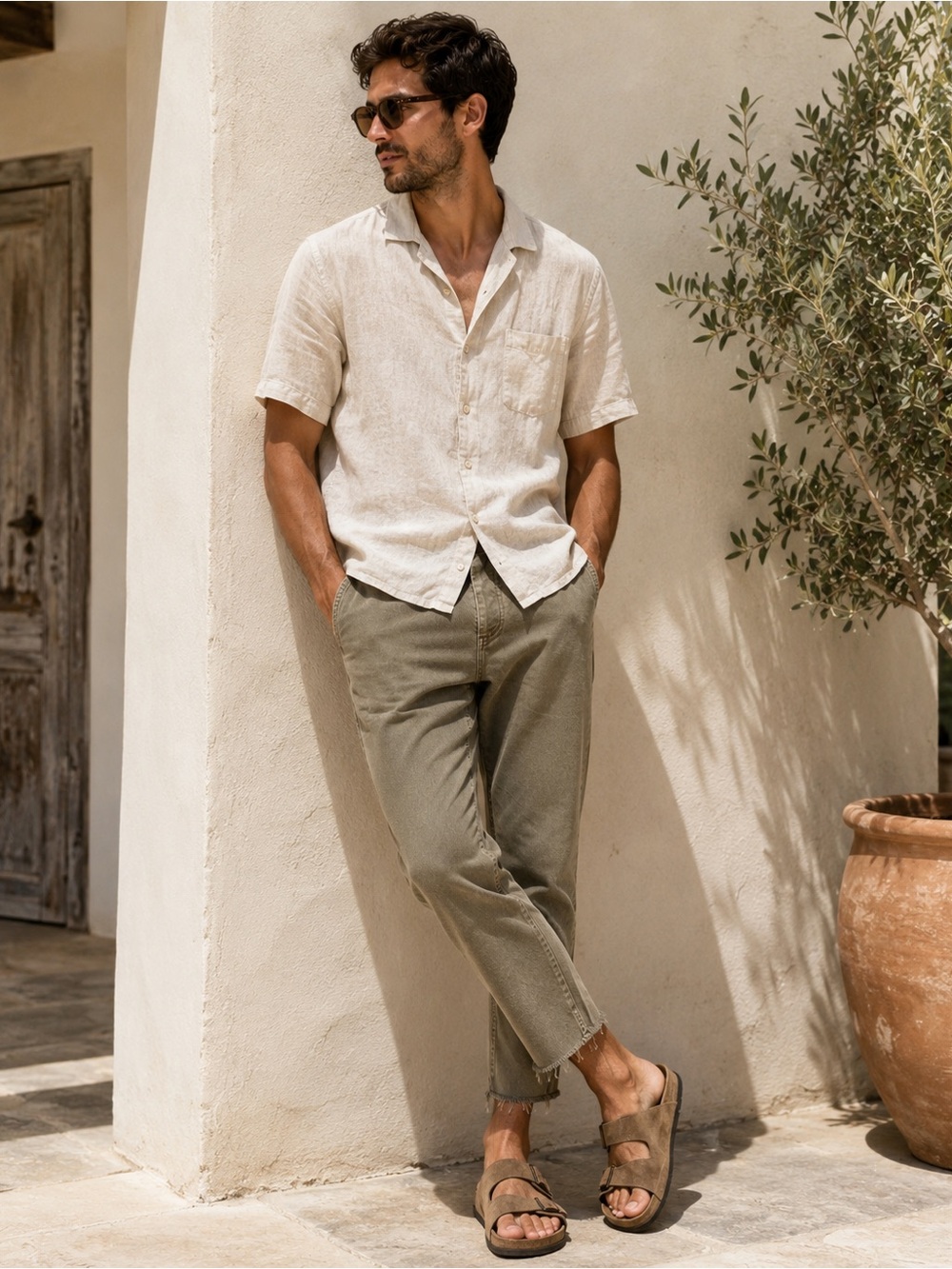 Zara Man Cropped Raw Hem Chino Pants Olive Khaki Tan Button Fly Tapered Sz 30